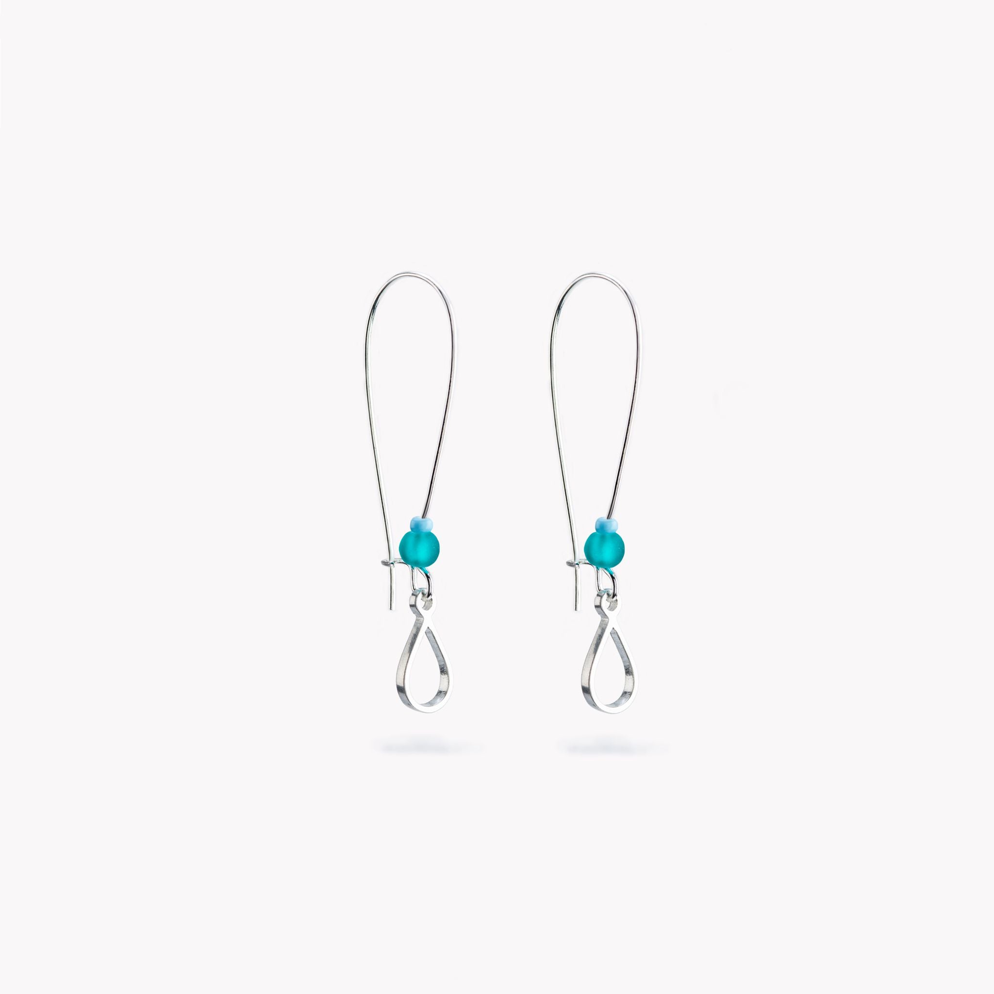 A pair of simple, teardrop shaped, pewter drop earrings with turquoise glass beads.