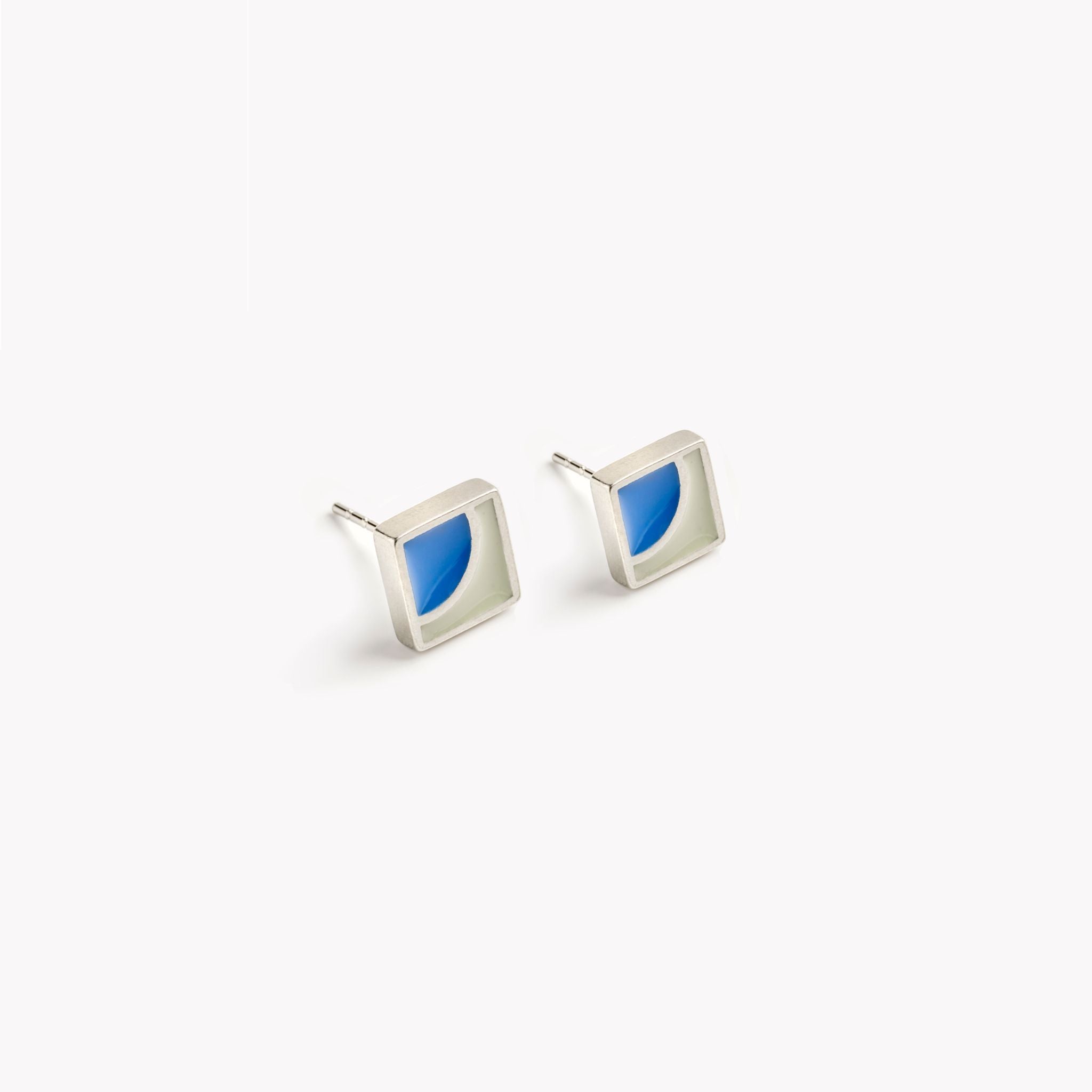 Blue and grey square stud earrings, pewter ear studs, colourful and  square, silver tone, simple minimal design. Warm grey and bright blue coastal tones, handmade in Wales using recycled tin.