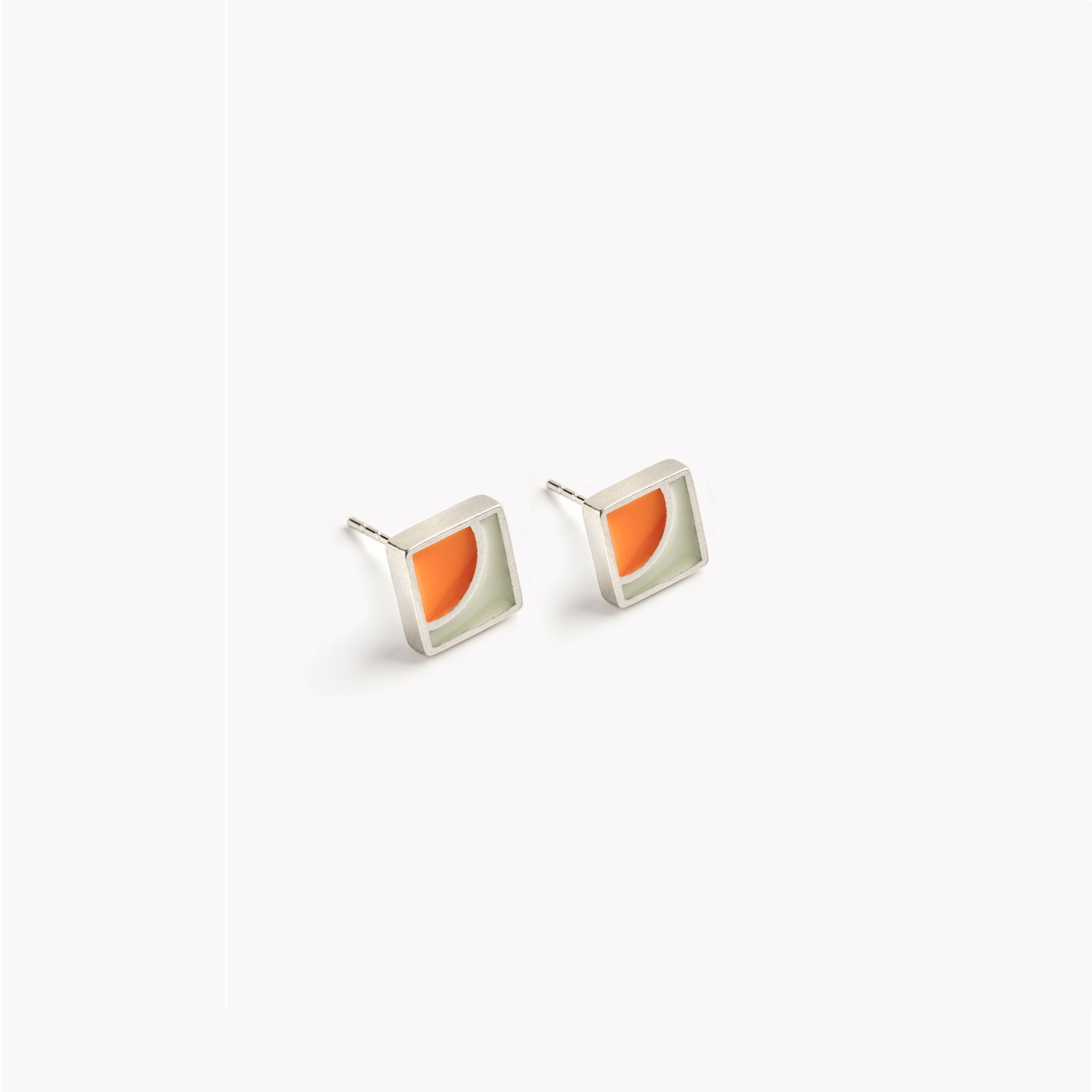 Orange and grey square stud earrings, pewter ear studs, colourful and  square, silver tone, simple minimal design. Warm grey and orange citrus tones, handmade in Wales using recycled tin.