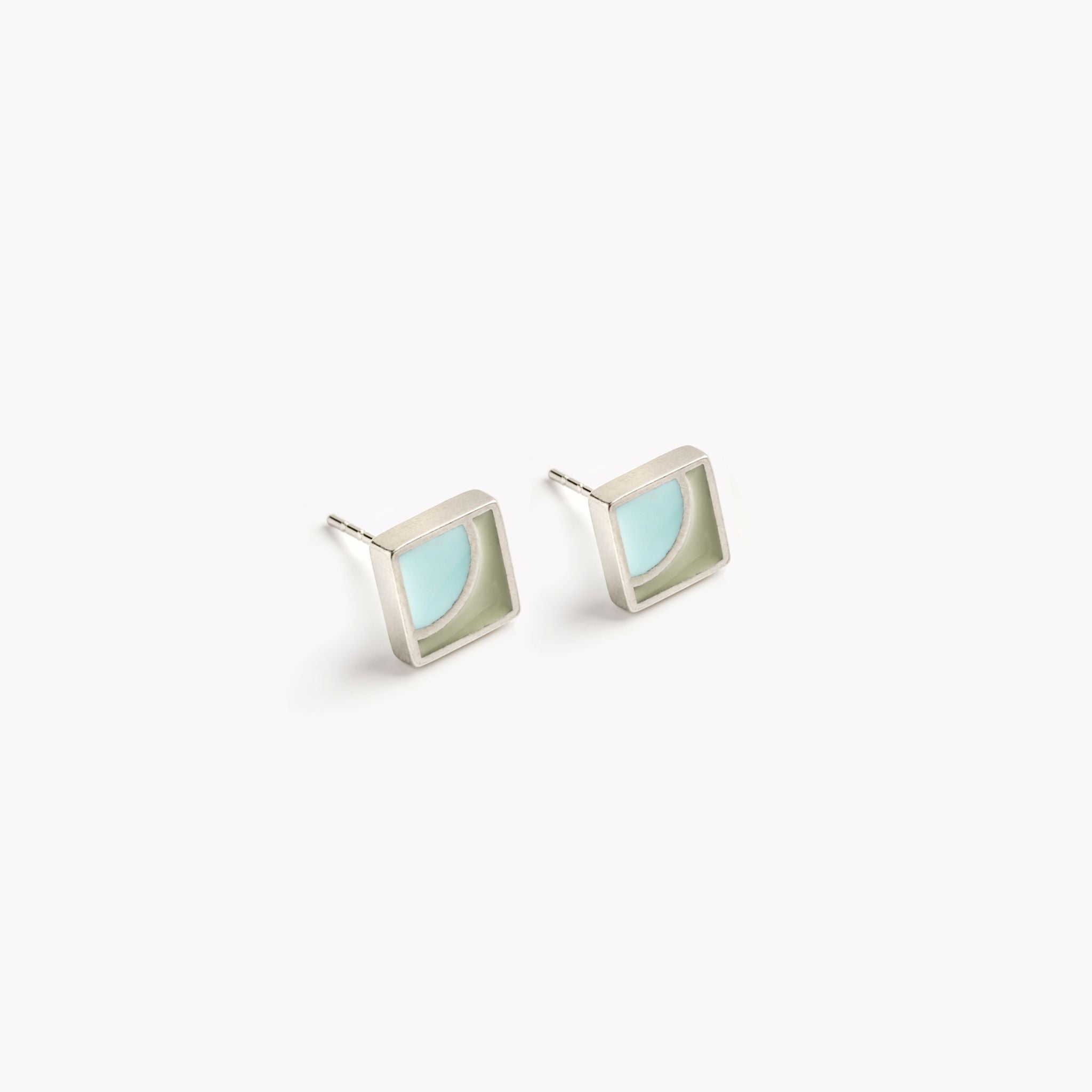 Turquoise and grey square stud earrings, pewter ear studs, colourful and  square, silver tone, simple minimal design. Warm grey and turquoise, coastal tones, handmade in Wales using recycled tin.