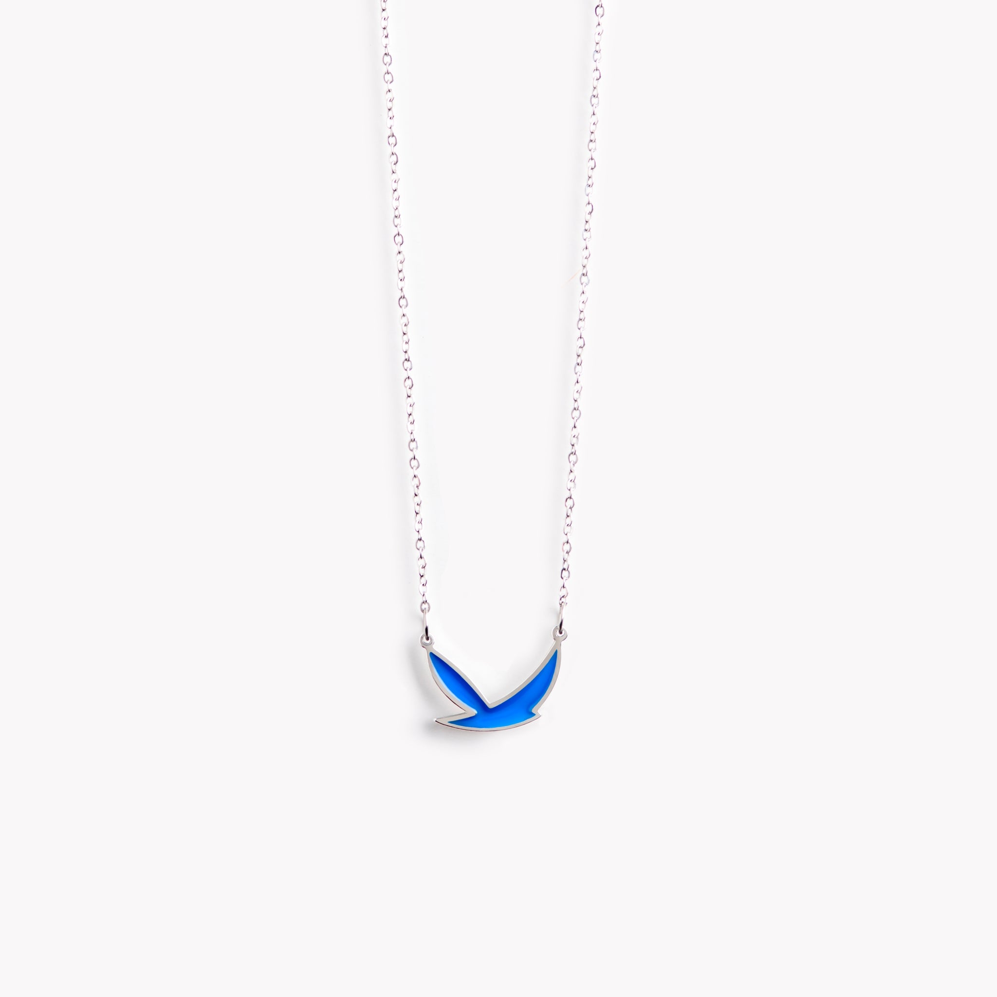 A simple, stylish, and dynamic blue bird necklace.