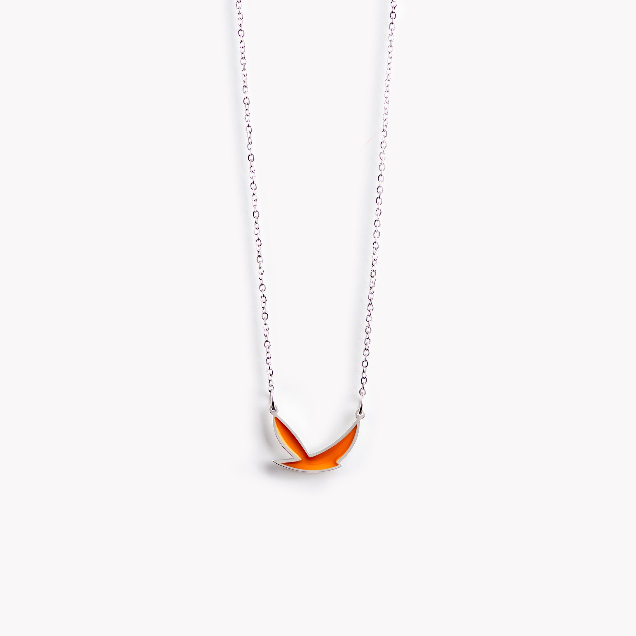 A simple, stylish, and dynamic orange bird necklace.