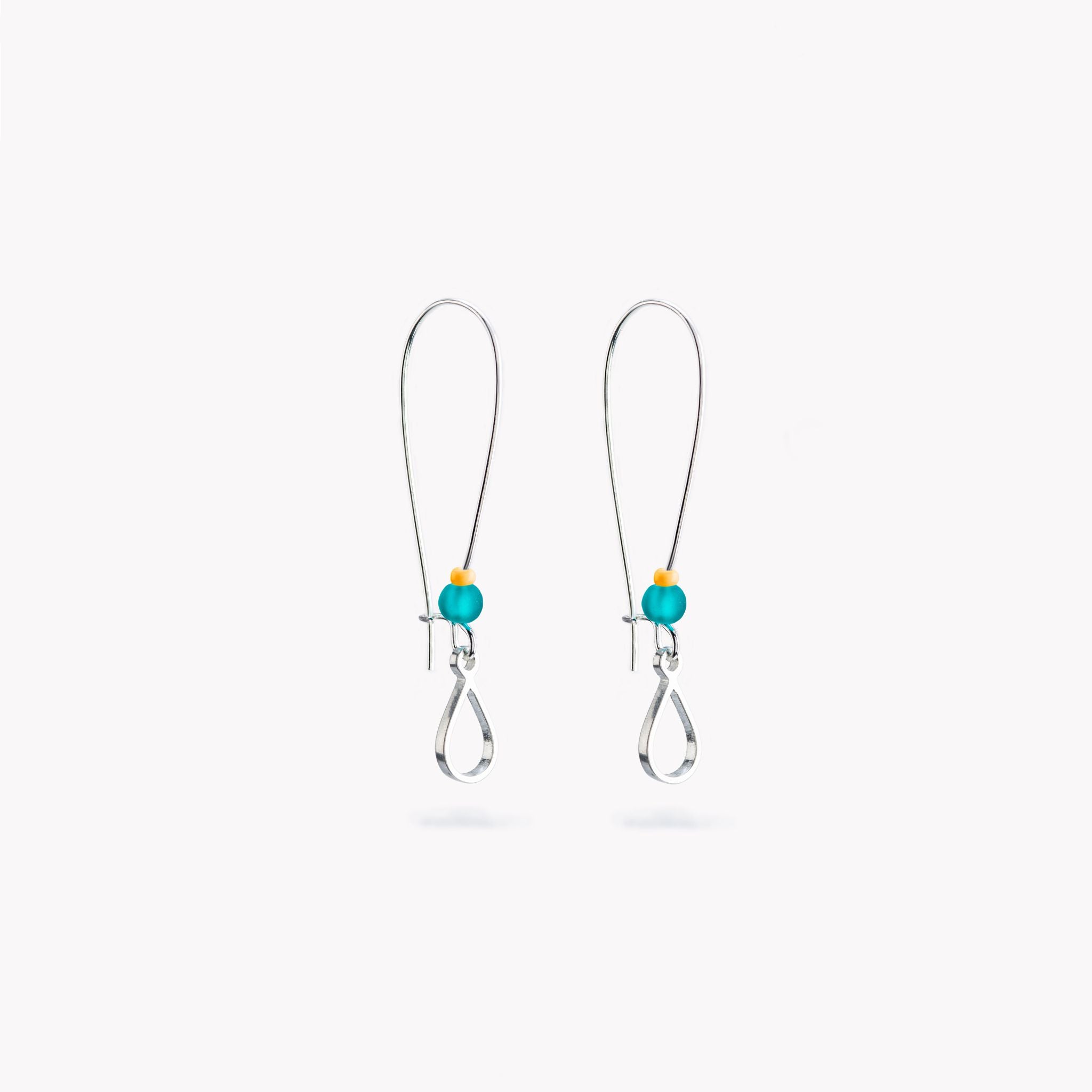 A pair of simple, teardrop shaped, pewter drop earrings with yellow glass beads.