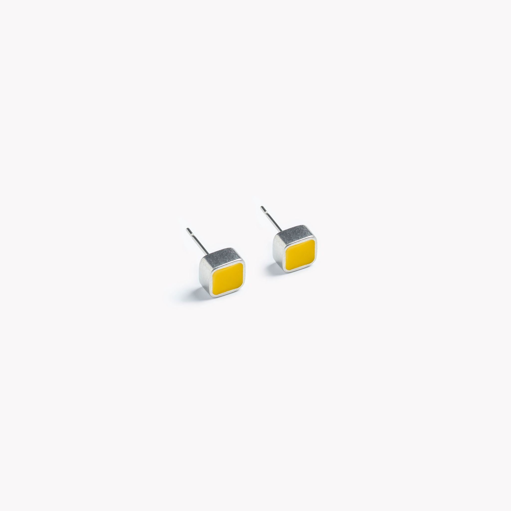 Yellow cube and square stud earrings, pewter ear studs, colourful and rounded, bright yellow, silver tone, modern, simple, minimal design, handmade in Wales from recycled tin.